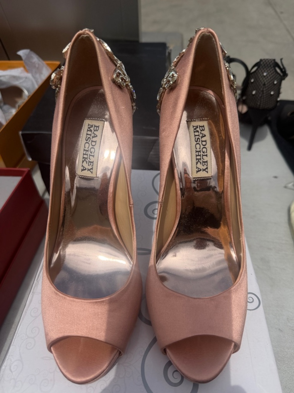 Badgley Mischka Rose Gold Satin Peep-Toe Heels with Crystal Back Detail